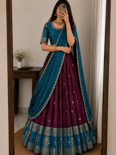 Kanchipuram Silk Full Stitched Lehenga - Black with Rani Pink